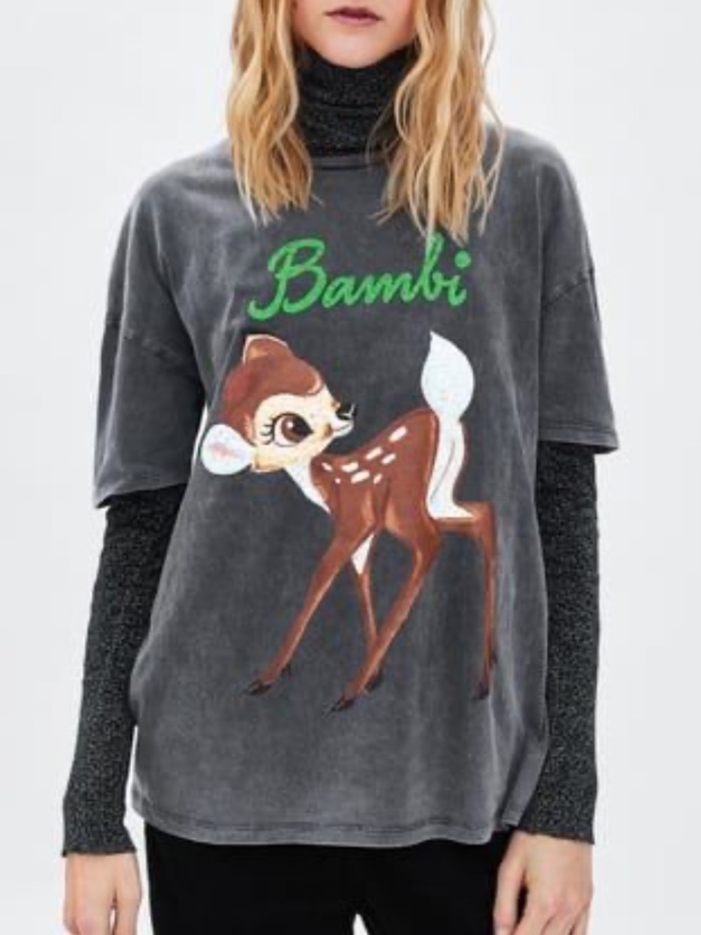 Zara Charcoal Bambi Graphic Tee with Brown & Green Accents